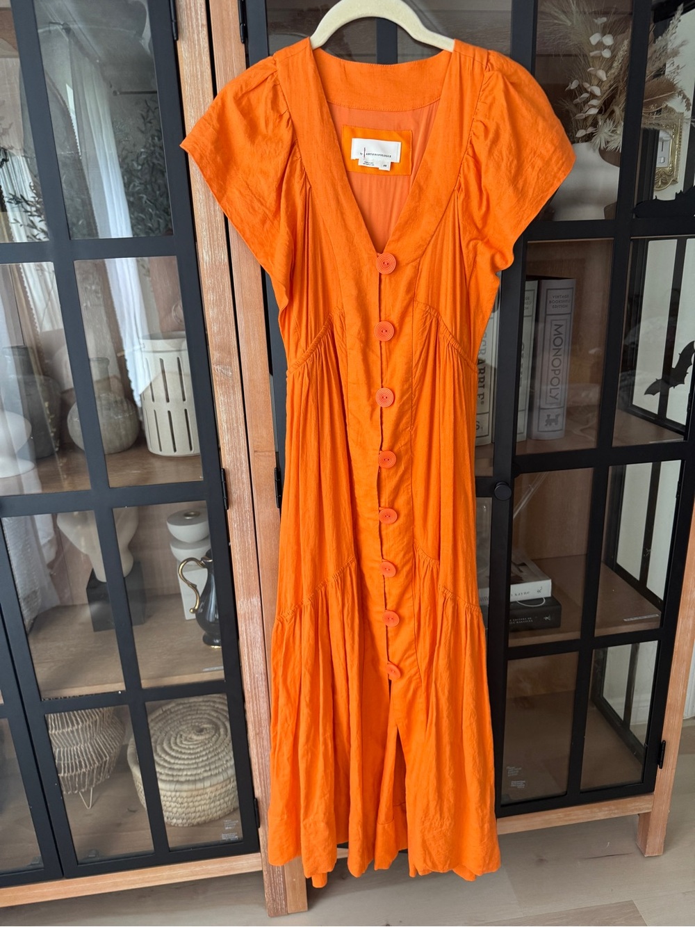 Anthropologie Flutter short Sleeve Button Front Midi Dress ruffle linen pockets